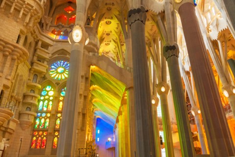 Barcelona Catalunya spain Barcelona La Sagrada Familia cathedral basilica interior with stained glass windows by Antoni Gaudi Barcelona Catalonia