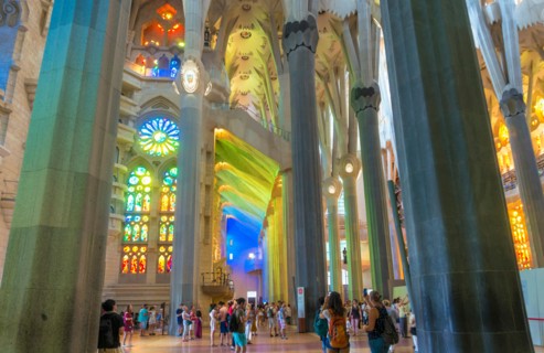 Barcelona Catalunya spain Barcelona La Sagrada Familia cathedral basilica interior with stained glass windows by Antoni Gaudi Barcelona Catalonia