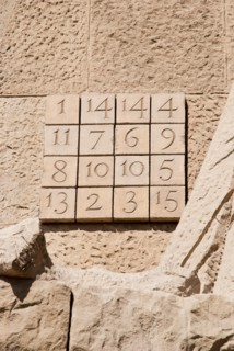 BARCELONA, SPAIN - MARCH 10: Magic number square on the passion facade of Sagrada Familia church, Barcelona, March 10, 2013.
