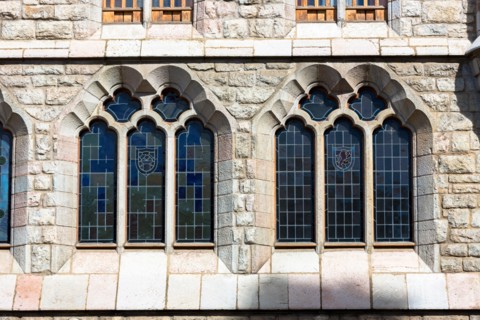 Caja Espana savings bank in 19th Century Casa Botines designed by architect Antoni Gaudi in Leon, Castilla y Leon, Spain