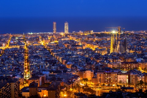 Barcelona and Sagrada Familia by night. Beautiful and famous city from Spain, Catalunya, Europe.