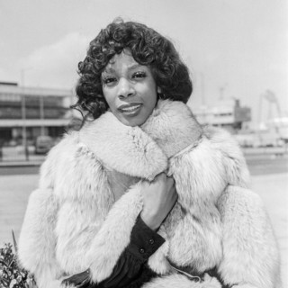 American singer actress Donna Summer arriving at Heathrow Airport in 1976.