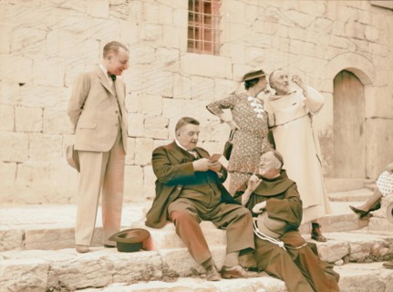 Monsieur & Madame Edouard Herriot visit to Jerusalem, May 11, 1938. Mr. Herriot & party in front of Church of Holy reimagined