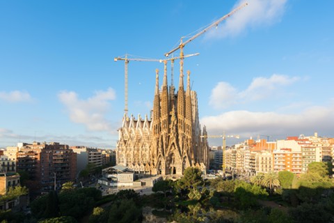 Aerial view of the Sagrada Familia, a large Roman Catholic church in Barcelona, Spain, designed by Catalan architect Antoni Gaudi.