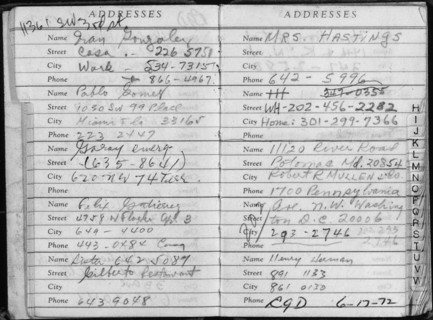 Address Book of Watergate Burglar Bernard Barker, Discovered in a Room at the Watergate Hotel, June 18, 1972; Scope and content:  This address book lists HH, initials for Howard Hunt, a White House co...