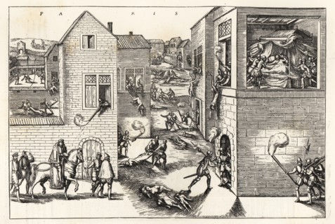 The Saint Bartholomew’s Day Massacre of the Huguenots in Paris, 24 August 1572. Admiral Coligny wounded by a musketeer at left, and finally stabbed in his hotel bed on rue Bethisy by Besme and defenes...