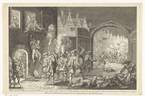 Bartholomeusnacht, 1572 Bartholomew of the blood wedding Paris. In the left foreground is Admiral Gaspard de Coligny thrown by soldiers from a window. An armed mob has gathered under the window and wa...