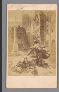 Fotoreproductie van een gravure van de Bartholomeusnacht in Parijs op 24 augustus 1572 Photo reproduction of an engra of St. Bartholomew in Paris on August 24 1572 Object Type  carte-de-visite reprodu...