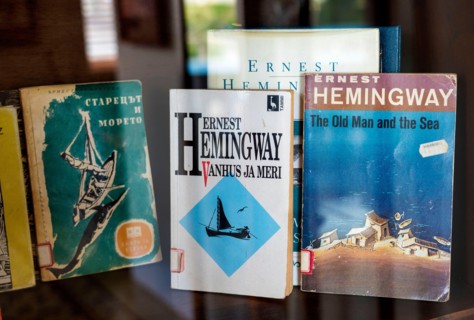 Heminway's Old Man and The Sea books in various translations at his room in Ambis Mundos Hotel