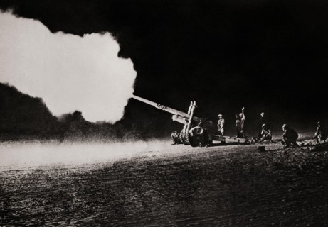 The 4.5 inch field gun bombarding enemy (German) tanks during the Second Battle of El Alamein (23 October – 11 November 1942) which prevented the Axis from advancing further into Egypt. It was a good ...