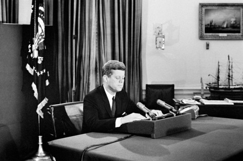 Cuban Missile Crisis. President John F Kennedy addresses the nation from the Oval Office on 22 October 1962 with regard to the threat from Soviet missiles in Cuba.