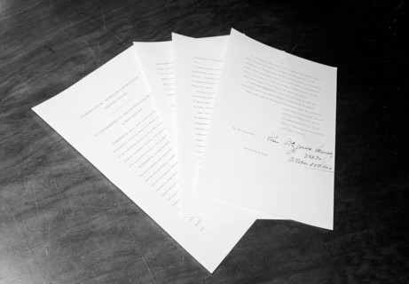 23 October 1962
Proclamation signing, Interdiction of the Delivery of Offensive Missiles to Cuba, 7:05PM.
[White spotting and light scratching throughout negative.]

Please credit "Cecil Stoughton. Wh...