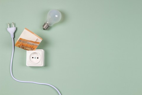 Electric power plug, light bulb and electric socket with Euro banknotes on light green background. Electricity cost and expensive energy concept