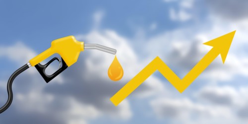 petrol price hike background with hike icon on blur clouds. concept for daily increasing gasoline price,rate and demand.