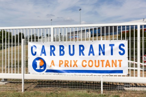 Saint Georges, France - July 28, 2022: Petrol and diesel at cost price at Leclerc supermarket in France called carburants à prix coutant in French