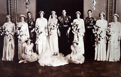 Photograph of the wedding of Prince George, Duke of Kent (1902-1942) and Princess Marina of Greece and Denmark (1906-1968). Also pictured is Prince Albert Frederick Arthur George (1895-1952) and Princ...