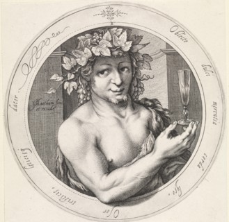 Bacchus with glass, Jacob Matham, 1599 - 1600