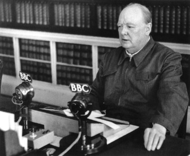 Churchill broadcasting news on the BBC that the British successes in the Western Desert, including El Alamein, had reduced the German threat. Oct 1942
