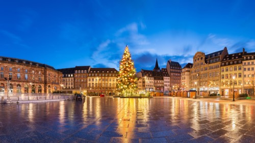 Christmas market in Strasbourg, France at night