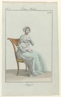 A woman is feeding her baby. Morning gown with long sleeves. Accessories: hat trimmed with wrinkled fabric strip, flat shoes with pointed noses. The picture is part of the fashion magazine Journal des...