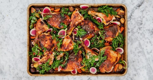 Roasted Chicken with carrots, radishes, and pomegranate