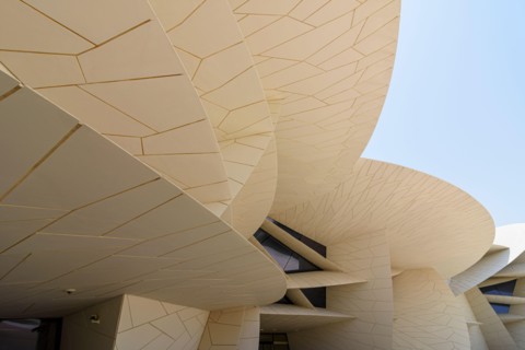 Detail of the interlocking discs of the desert rose inspired architectural landmark of the National Museum of Qatar, Doha, Qatar