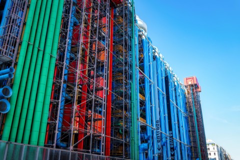 Rear view of the Centre Pompidou museum with colourful pipes - Paris, France