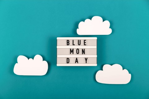 Sad blue Monday lettering with clouds around