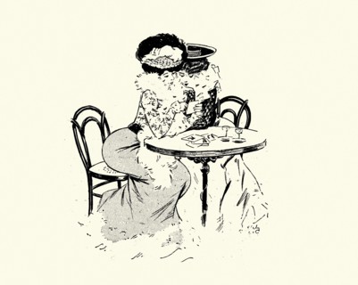 Vintage illustration Two woman drinking and looking at postcards at a cafe, Belle Époque, 1900s
