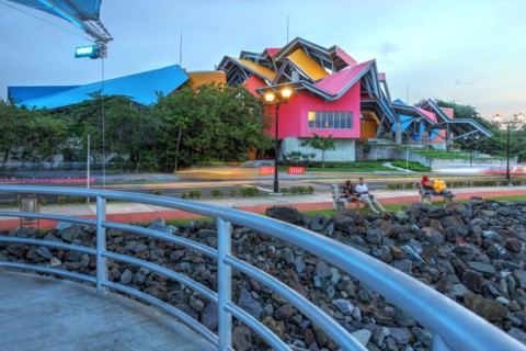 Night scene of Biomuseo, a museum dedicated to the national history of the region and the isthmus enabling the Panama Canal, located just outside Pana