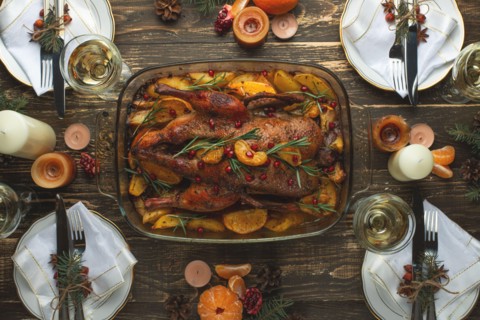 Christmas Family Dinner Table Concept, Flat-lay