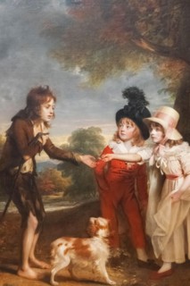 Painting titled "Portrait of Sir Francis Ford's Children Giving a Coin to a Beggar Boy" by William Beechey dated 1793