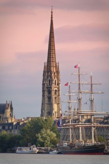 Bordeaux, France - august 2018: Bordeaux river fron with St Michel cathedral