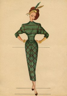 Woman fashion illustration drawing: Sketch of clothes and accessories, Italy 1940s
