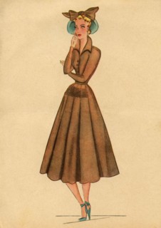 Woman fashion illustration drawing: Sketch of clothes and accessories, Italy 1940s