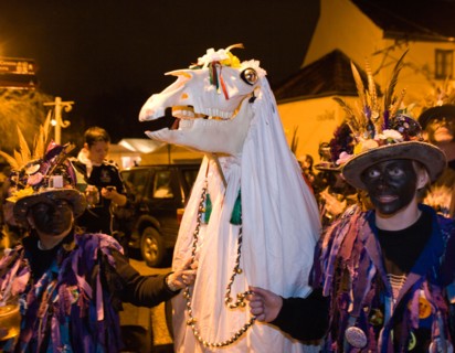 The Welsh Mari Lwyd stands on the bridge to meet the English Wassailers at the Chepstow Wassail and Mari Lwyd custom, Chepstow