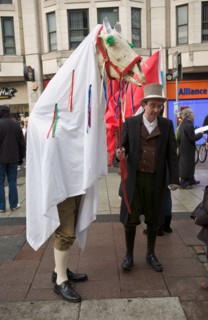 Welsh Language Society, Cymdeithas yr iaith Gymraeg, protest with Mari Lwyd in Cardiff City Centre, South Wales, UK