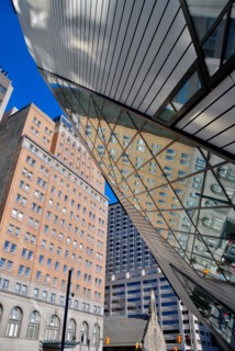 Buildings reflected in the bizarre and often criticized facade of Toronto's Royal Ontario Museum designed by Daniel Libeskind