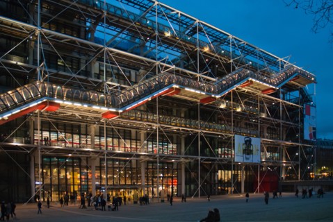 The striking post  modern architecture of the Pompidou Centre, Museum of Modern Art, Paris, illuminated at night.