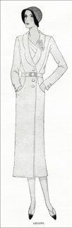 Original 1930s magazine illustration of Paris summer fashion Belted topcoat in white cheviot and patch pocketed by designer Lelong