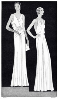 Original 1930s magazine illustration of Paris summer fashion. (left) Formal evening gown of crepe romaine in pale pistache green with pale pink roses at the waist by designer Worth. (right) Formal eve...