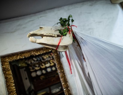 A traditional welsh 'Mari Lwyd' decorated horses skull being paraded at xmas or new year