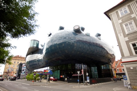 The Kunsthaus Graz, or "Friendly Alien" gallery in Graz, Austria houses galleries, cafes and a media center.