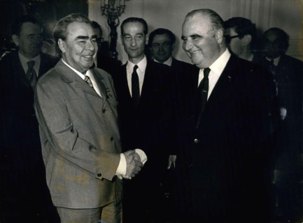 Jun. 27, 1973 - Brejnev is the Secretary of the Soviet Communist Party. He met with the President for a day and a half at the Chateau. Andrei Gromyko is to the left.