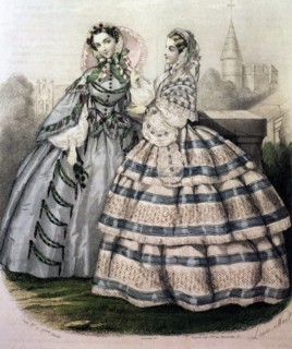 VICTORIAN CRINOLINE HOOPED SKIRTS about 1860 with the ladies showing their 'pagoda' style sleeves