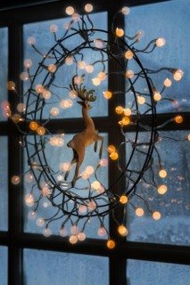 Christmas lights hanging on window indoors, Iceland
