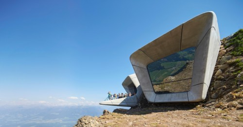 Elevation of picture window and viewing balcony. Messner Mountain Museum Corones, Mount Kronplatz, Italy. Architect: Zaha Hadid