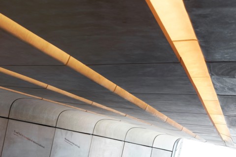 Concrete ceiling detail. Messner Mountain Museum Corones, Mount Kronplatz, Italy. Architect: Zaha Hadid Architects, 2015.