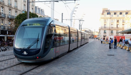 Tram transport system in Bordeaux France Aquitane near the railway station