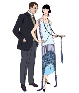 Couple on party. Man and woman in cocktail dress in vintage style 1920's. Portrait of an attractive flapper girl with her boyfriend. Retro fashion vec